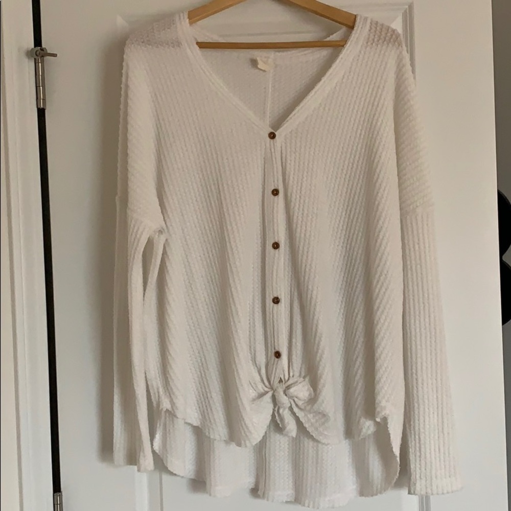 Wishlist White Waffle Knit Knot Front Sweater